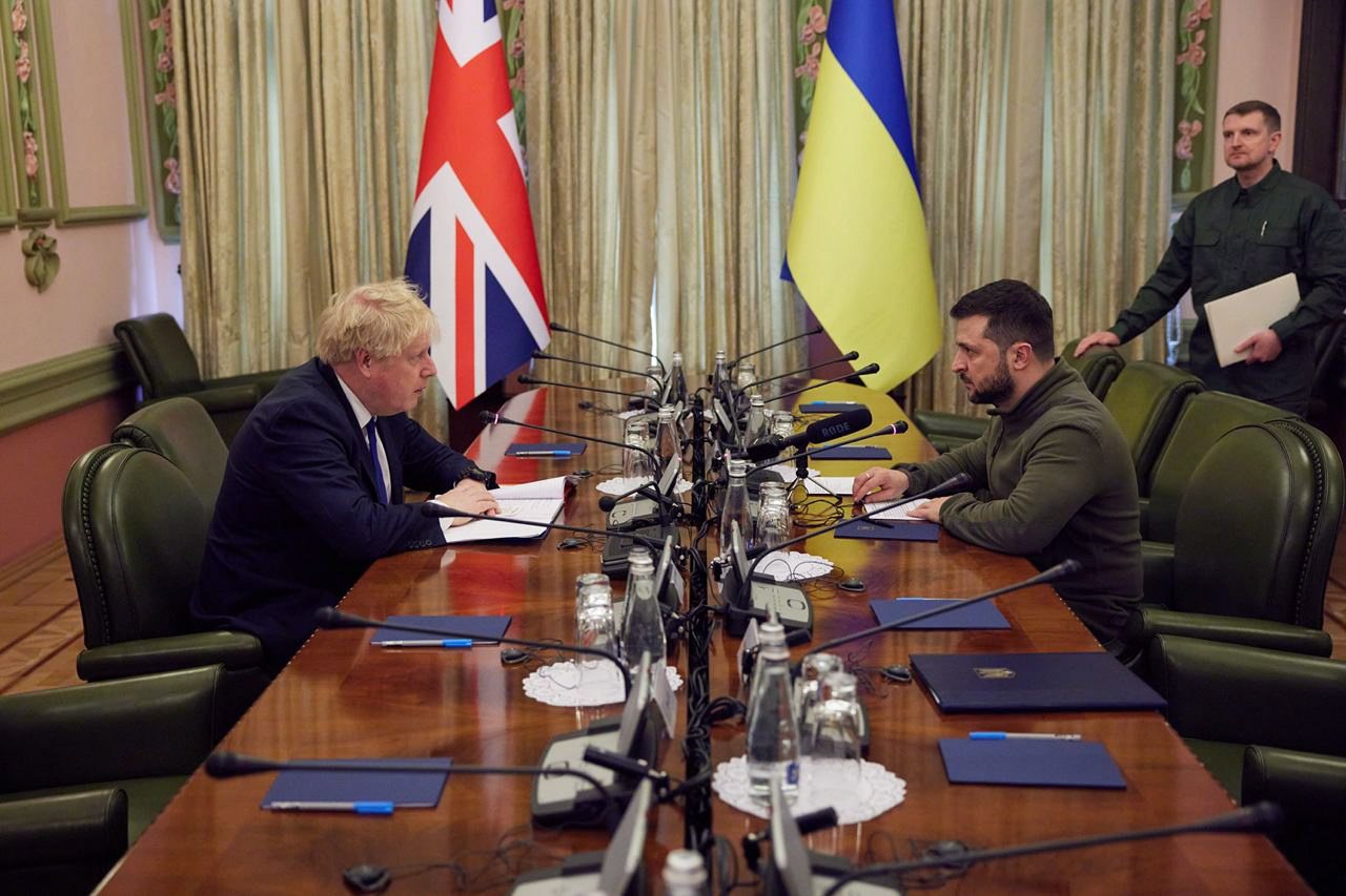 epa09880481 A handout photo made available via the official Telegram channel of the President of Ukraine shows Ukrainian President Volodymyr Zelensky (R) and British Prime Minister Boris Johnson (L) sit for a meeting in Kyiv (Kiev), Ukraine, 09 April 2022. Johnson arrived in Kyiv on an unannounced surprise visit.  EPA/TELEGRAM/V_Zelenskiy_official / HANDOUT  HANDOUT EDITORIAL USE ONLY/NO SALES