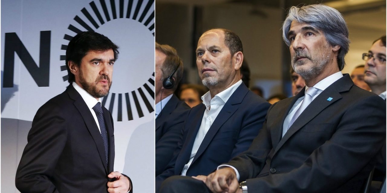 Miguel Almeida, presidente da NOS, Armando Pereira e Paulo Neves, acionista da Altice, ao lado de Paulo Neves, presidente da PT Portugal