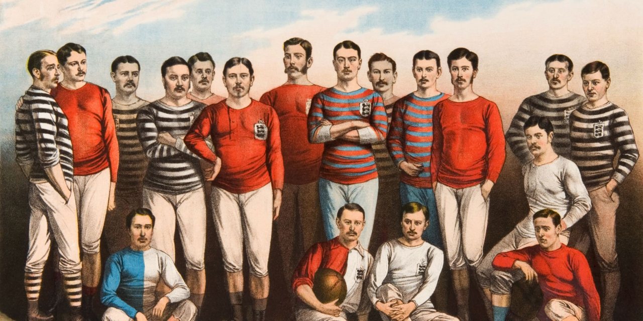 Litografia de c.1881, com alguns dos jogadores mais notáveis que participaram na FA Cup (Taça de Inglaterra), cuja primeira temporada foi disputada em 1871/72, o que faz dela a mais antiga competição futebolística