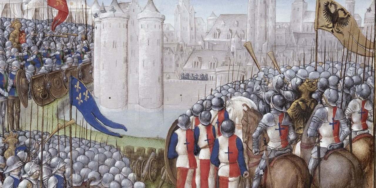 Representação do Cerco de Damasco durante a Segunda Cruzada em 1148 pelas forças de Inglaterra, França e do Sacro Império Romano-Germânico (pormenor de imagem de cerca de 1480)