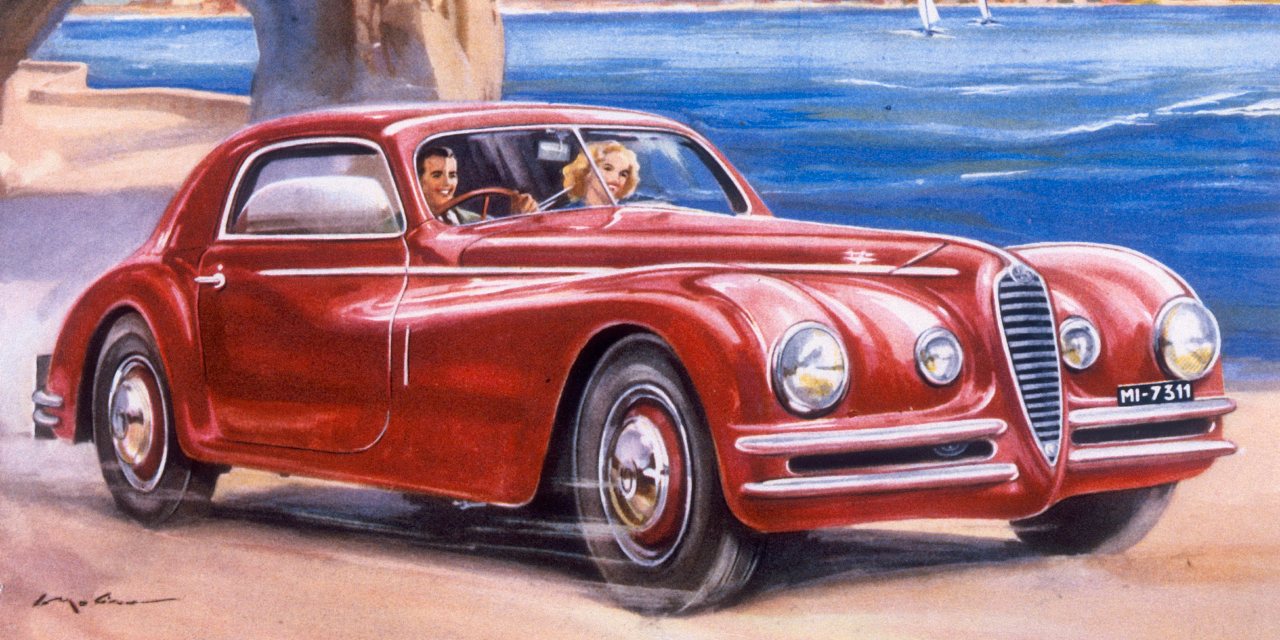 Uma ilustração de um anúncio a um Alfa Romeo 6C de 1948