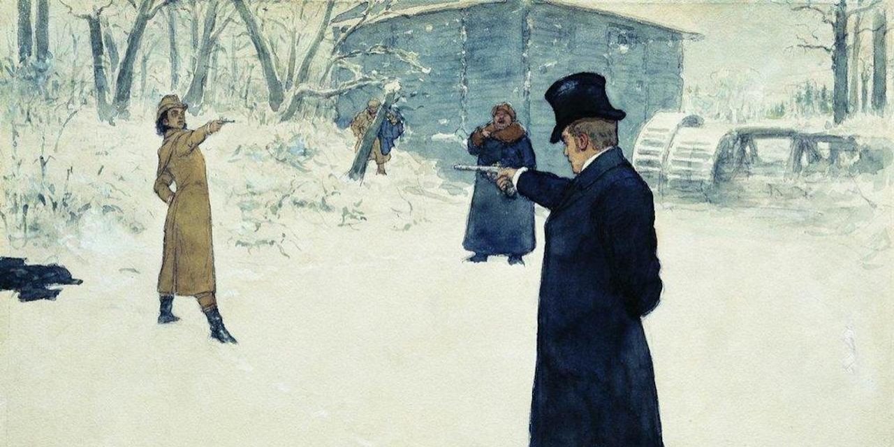 O célebre duelo entre Evgeny Onegin e Vladimir Lensky, aguarela de Ilya Repin, 1899