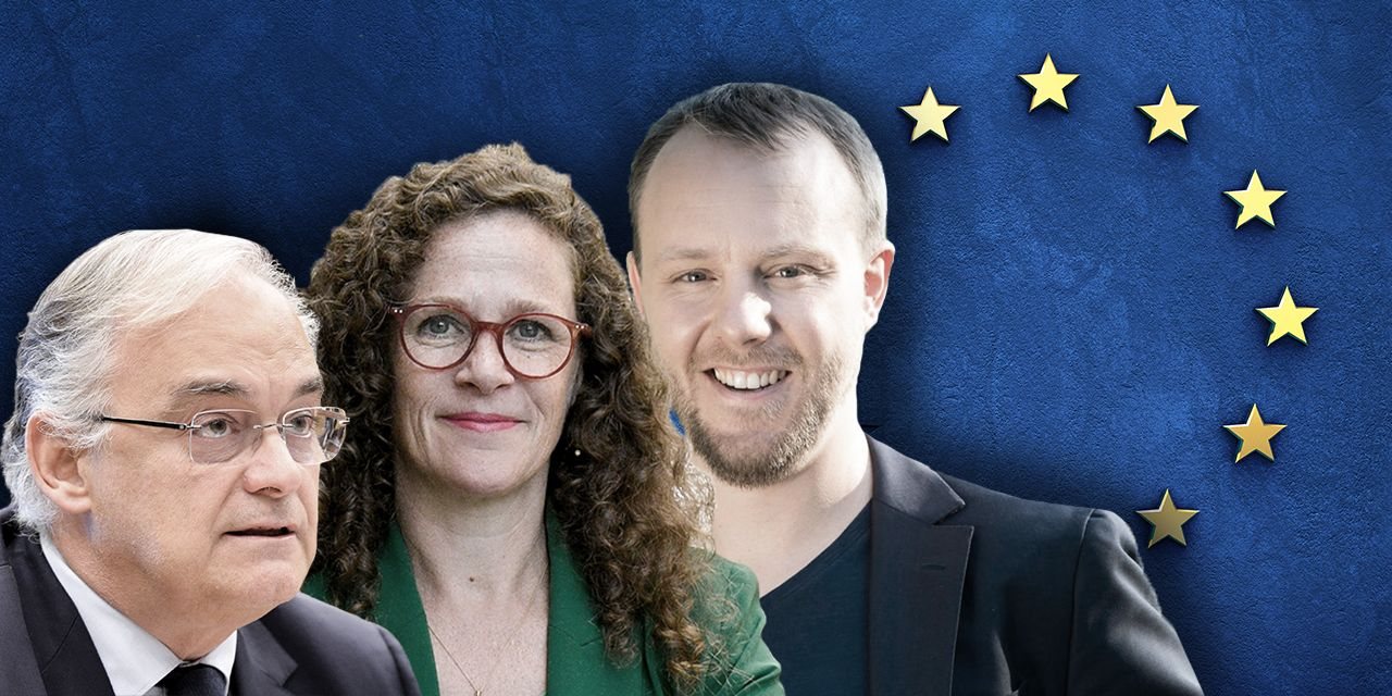 Os eurodeputados Gonzales Pons (PPE), Sophia Veld (Renew Europe) e Daniel Freund (Os Verdes). Créditos: Parlamento Europeu e Christian Creutz