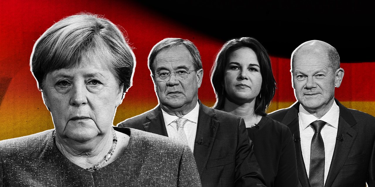 Ao fim de 16 anos, Angela Merkel deixa o poder. Armin Laschet, Annalena Baerbock e Olaf Scholz são os candidatos ao cargo de chanceler