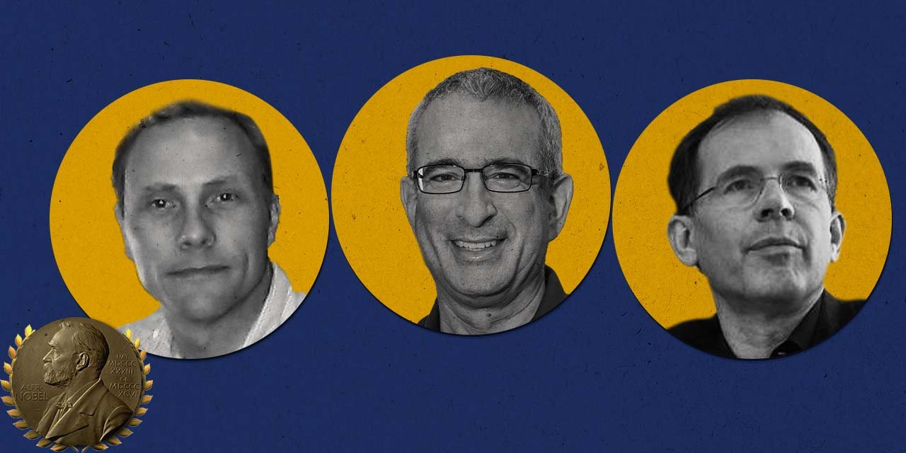 David Card, Joshua Angrist e Guido Imbens, os três laureados com Prémio Nobel da Economia este ano. ILUSTRAÇÃO: Ana Martingo/OBSERVADOR