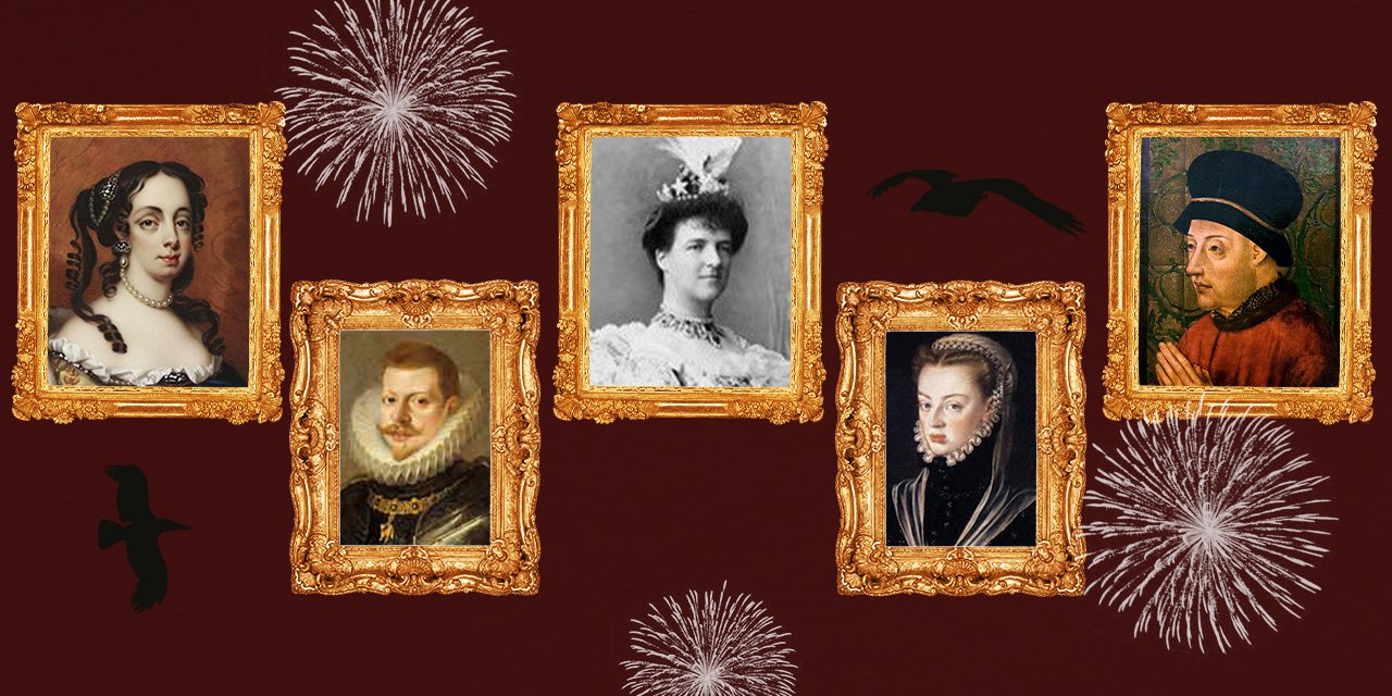 Da esquerda para a direita, Dona Catarina de Bragança, Filipe II, Dona Amélia, Dona Joana de Áustria, Dom João, Mestre de Avis