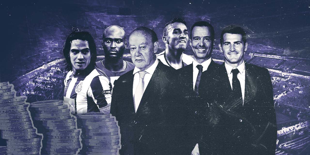(da esquerda para a direita) Os jogadores Falcao, Danilo Pereira, o presidente Pinto da Costa, Danilo Silva, Jorge Mendes e Casillas
