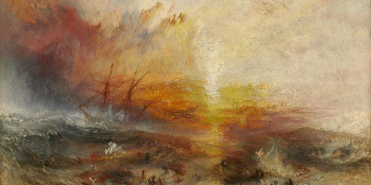 “O navio negreiro” ou “Negreiros atiram mortos e moribundos pela borda fora, à aproximação de um tufão”, quadro de 1840, por J.M.W. Turner