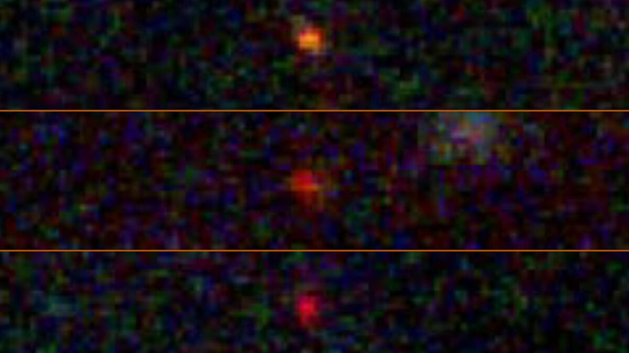 These three objects (JADES-GS-z13-0, JADES-GS-z12-0, and JADES-GS-z11-0) were originally identified as galaxies in December 2022 by the JWST Advanced Deep Extragalactic Survey (JADES). Now, a team including Katherine Freese at The University of Texas at Austin speculate they might actually be “dark stars,” theoretical objects much bigger and brighter than our sun, powered by particles of dark matter annihilating. Image credit: NASA/ESA.