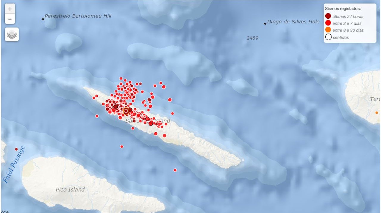 Sismos registados na ilha de São Jorge até às 21h58 desta terça-feira. Imagem: Reprodução IPMA