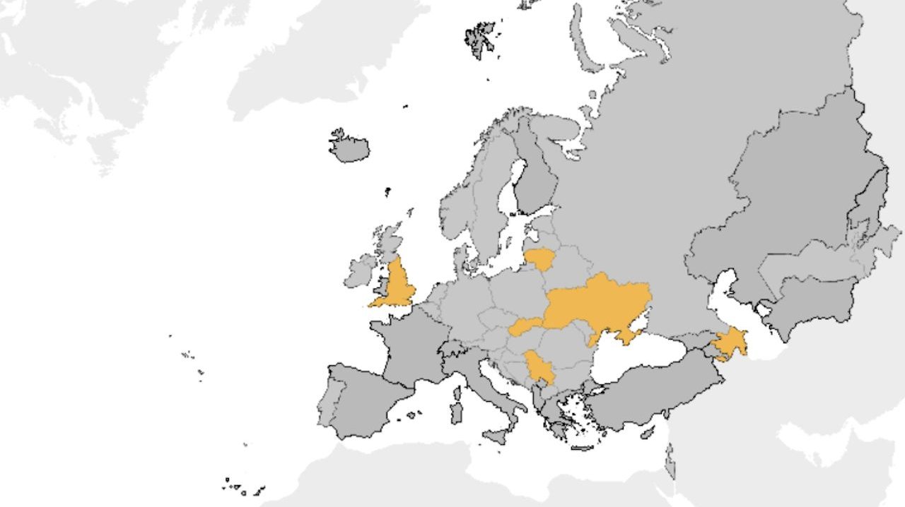 A intensidade da gripe, na primeira semana de dezembro na Europa, foi baixa (amarelo) ou nula (cinzento)