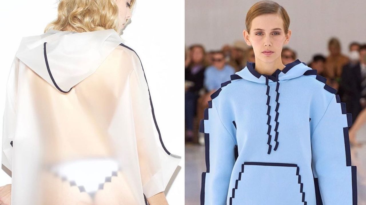 À esquerda, um casaco impermeável da Maison Pixel; à direita, uma camisola da Loewe
