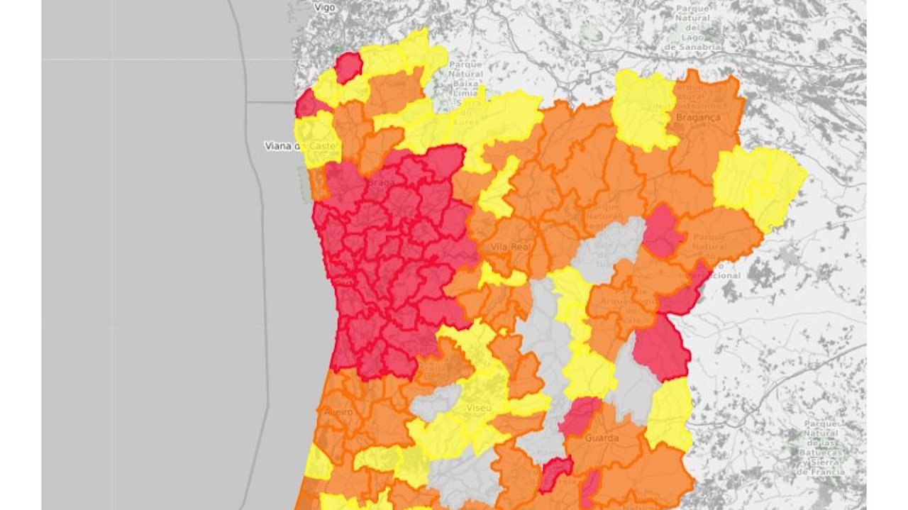 A maior parte dos concelhos de risco mais elevado estão na região Norte
