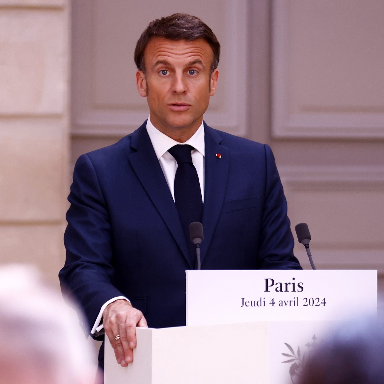 epa11258655 French President Emmanuel Macron delivers a speech during a press conference with the Austrian chancellor before their working lunch at Elysee Palace in Paris, France, 04 April 2024.  EPA/MOHAMMED BADRA / POOL