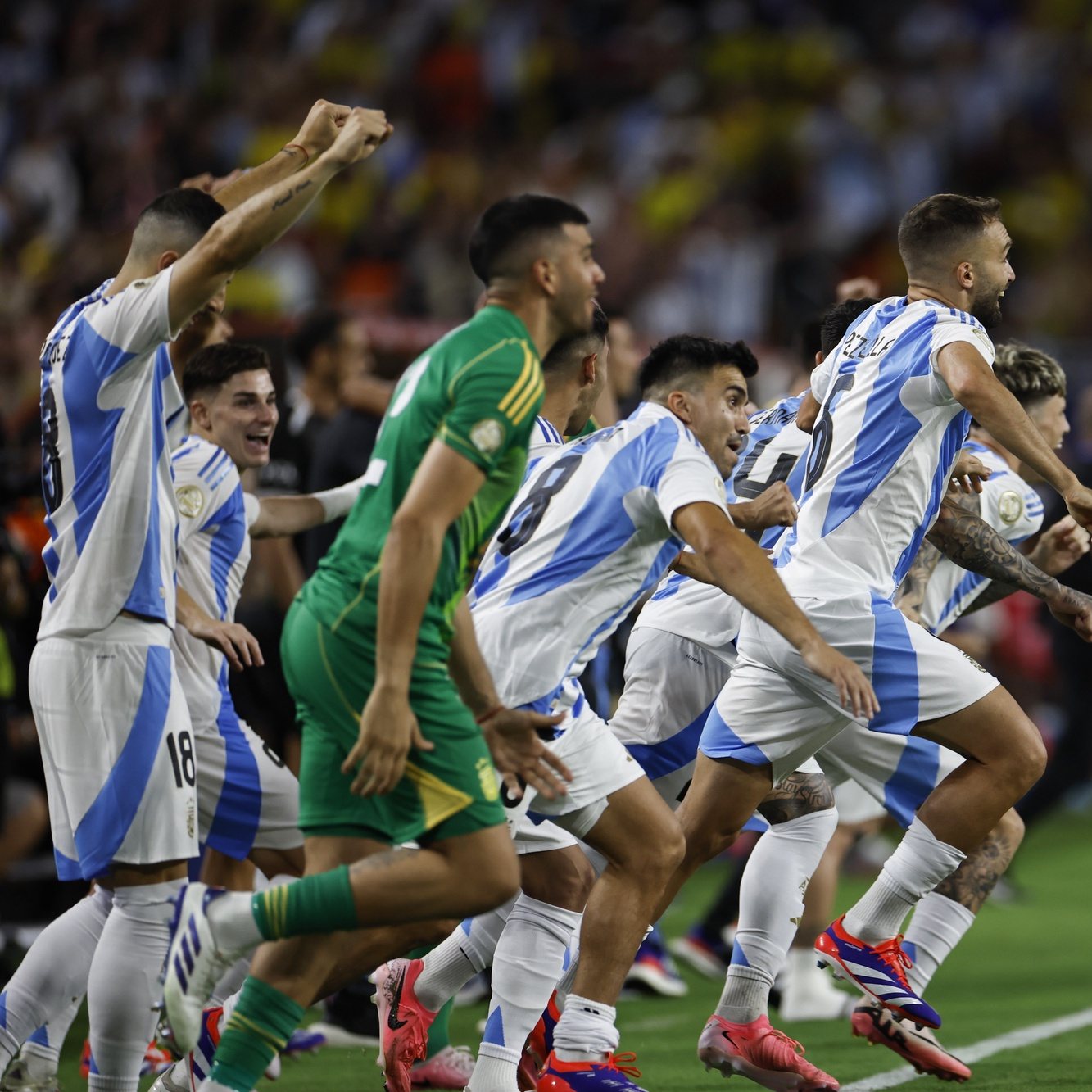 epa11479284 Argentina&#039;s players run to the pitch after extra-time play ends to 1-0 in the CONMEBOL Copa America 2024 Final against Colombia, in Miami Gardens, Florida, USA, 14 July 2024.  EPA/CJ GUNTHER