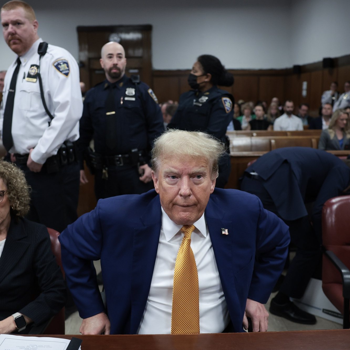 epa11324804 Republican presidential candidate and former US President Donald Trump alongside attorney Susan Necheles (L) awaits the start of the day&#039;s proceedings in his hush money trial at the Supreme Court of the State of New York, in New York City, USA, 07 May 2024. Trump faces 34 felony counts of falsifying business records as part of an alleged scheme to silence claims of extramarital sexual encounters during his 2016 presidential campaign. He is the first former US president to face trial on criminal charges.  EPA/Win McNamee / POOL