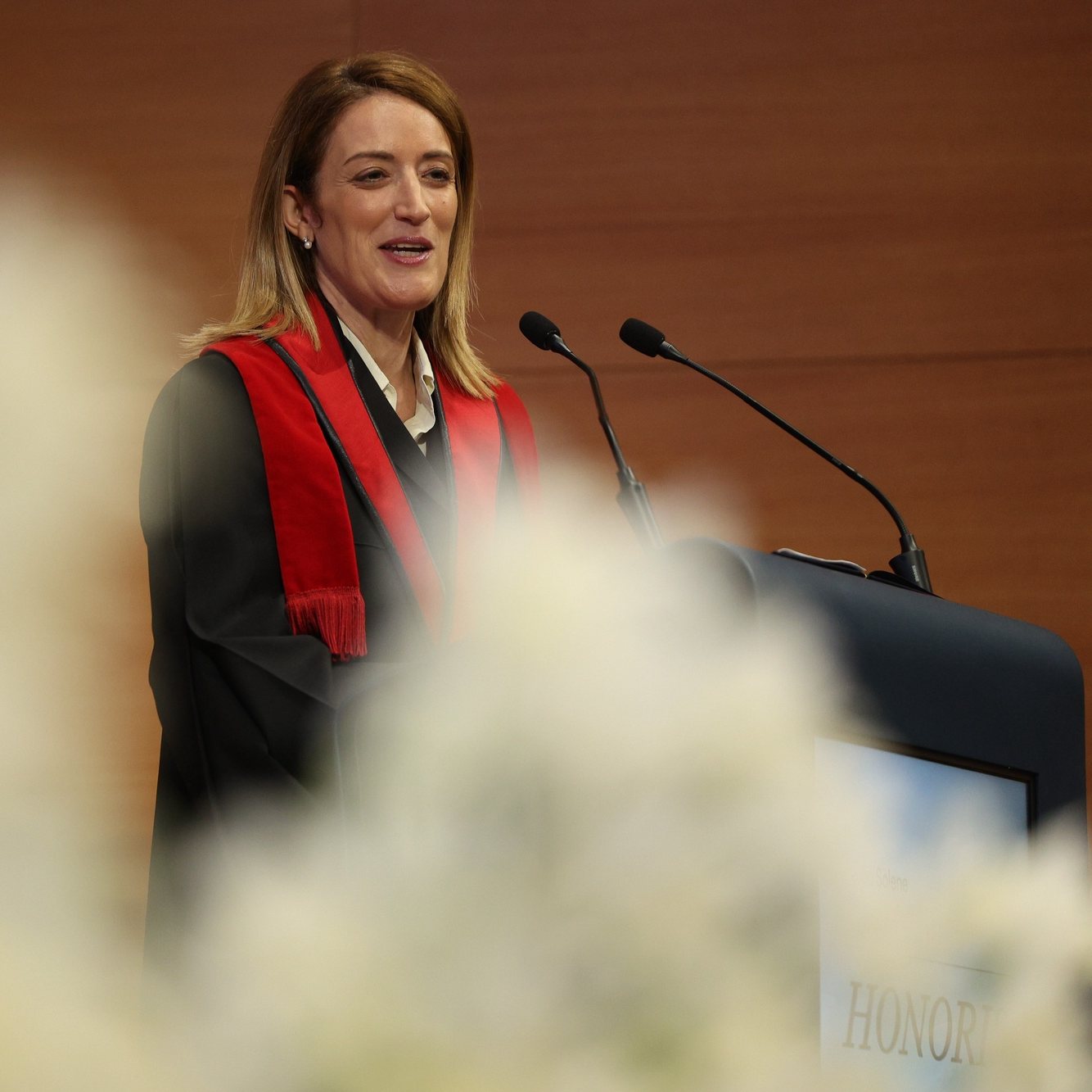 The president of the European Parliament Roberta Metsola makes her speech after distinguished by the Higher Institute of Social and Political Sciences (Instituto Superior de Ciências Sociais e Políticas (ISCSP)) of the University of Lisbon with an &#039;honoris causa&#039; in International Relations in Lisbon, Portugal April 19, 2024. Since the beginning of the year, Roberta Metsola has been traveling to Member States to appeal to people to vote against abstention in the European elections in June. TIAGO PETINGA/LUSA