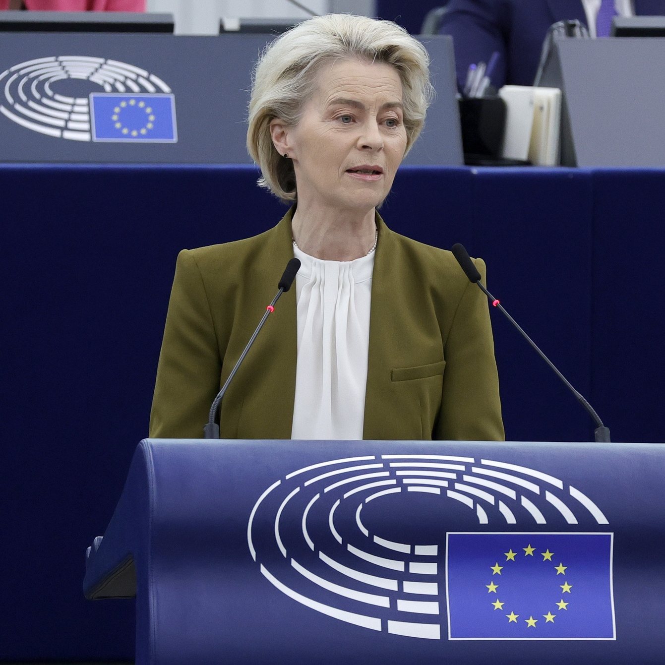 epa11297253 European Commission President Ursula von der Leyen delivers a speech during a formal sitting on the 20th anniversary of the 2004 EU Enlargement at the European Parliament in Strasbourg, France, 24 April 2024. The EU Parliament&#039;s current plenary session runs from 22 until 25 April 2024.  EPA/RONALD WITTEK