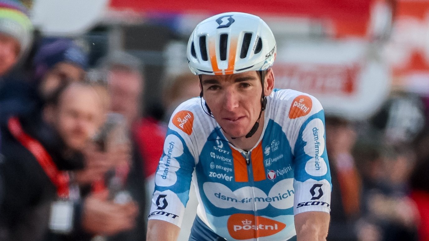 epa11291895 Second placed French rider Romain Bardet of Team dsm-firmenich PostNL crosses the finish line during the Liege-Bastogne-Liege cycling race over 254.5 km, in Liege, Belgium, 21 April 2024.  EPA/Olivier Hoslet