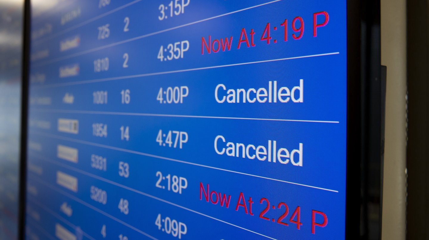 Painel informativo de voos com voos cancelados e atrasados.