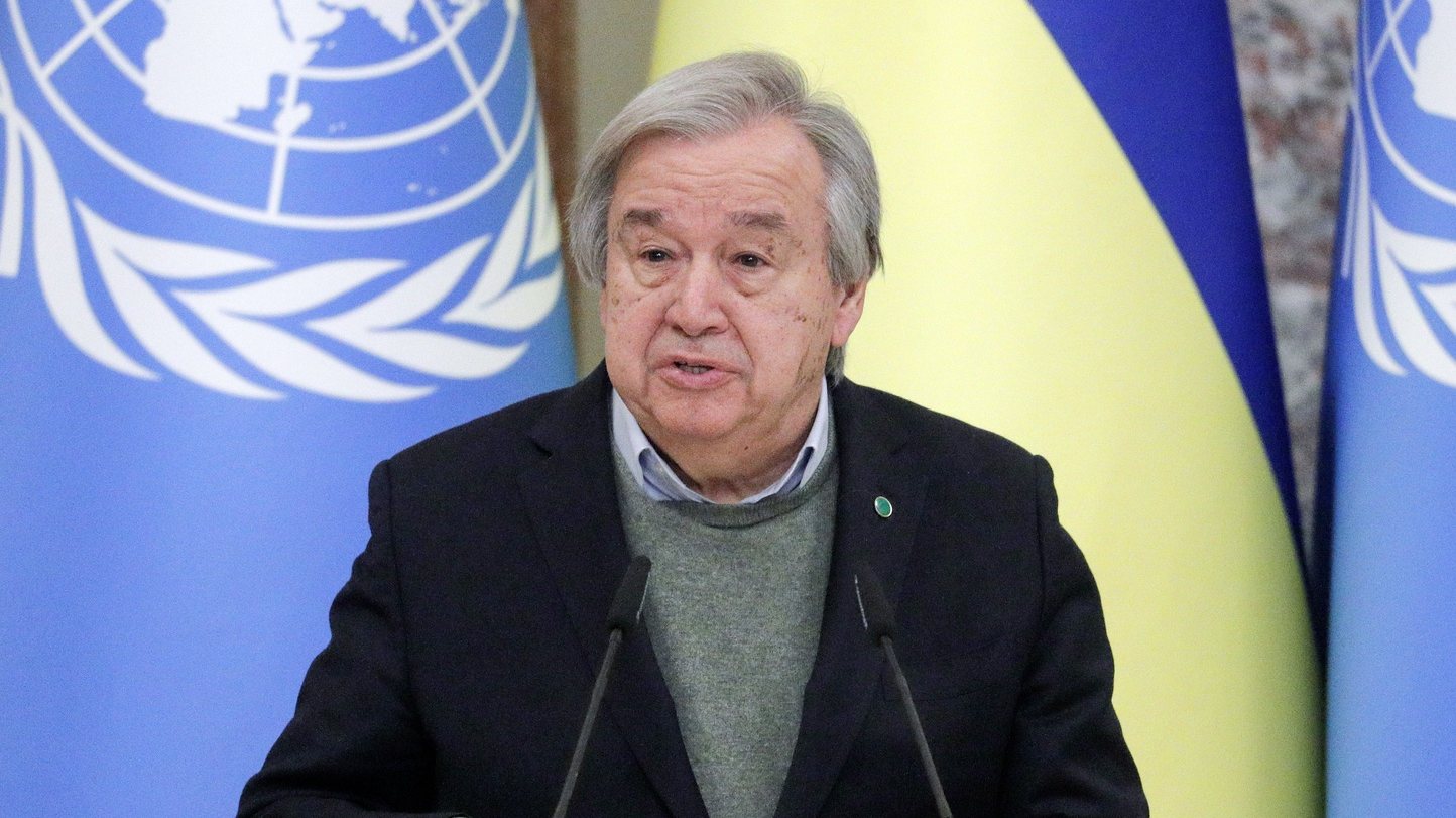 epa10509521 UN Secretary-General Antonio Guterres attends a joint press conference with Ukraine&#039;s President Zelensky following their meeting in Kyiv, Ukraine, 08 March 2023. Antonio Guterres arrived in Ukraine to meet with top officials amid Russia&#039;s invasion and discuss the further implementation of the &#039;grain agreement&#039;.  EPA/SERGEY DOLZHENKO