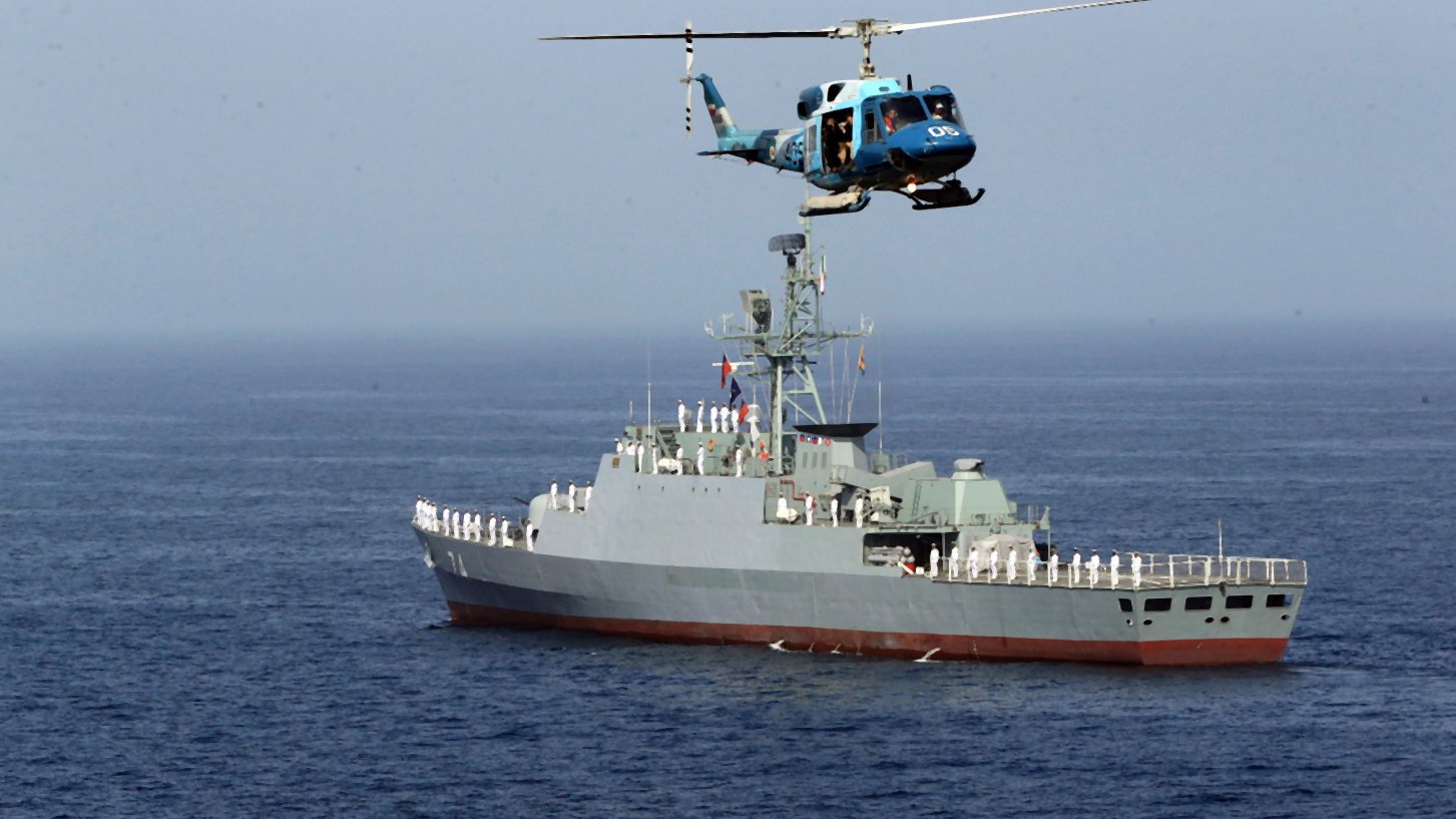 epa07389547 A handout photo made available by the Iranian Navy office shows Iranian Moudge class frigate &#039;Sahand&#039; (74) and a helicopter during an Iranian navy drill in the Gulf of Oman, 22 February 2019 (issued 23 February 2019). Media reported that Iran on 22 February began large-scale thre-days naval drills in the Gulf of Oman, with more than 100 vessels reported to be deployed.  EPA/Iranian Navy Office / HANDOUT  HANDOUT EDITORIAL USE ONLY/NO SALES