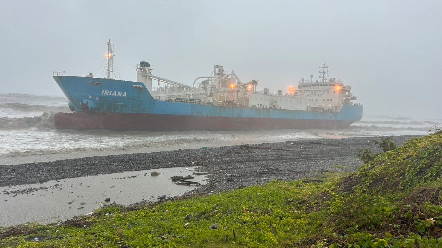 epa11495335 A handout photo made available by the Taiwan Coastguard Administration shows the Indonesian-flagged special cement ship &#039;Iriana&#039; that ran aground due to Typhoon Gaemi, northwest of Fangshang Township in Pingtung County, Taiwan, 25 July 2024. According to the Taiwan Coastguard, a Tanzania-flagged ship carrying nine Myanmar nationals sank off the southern coast of Taiwan on 25 July when Typhoon Gaemi struck. Four other foreign vessels ran aground, but the personnel onboard are safe.  EPA/Taiwan Coastguard Administration Handout HANDOUT HANDOUT EDITORIAL USE ONLY/NO SALES