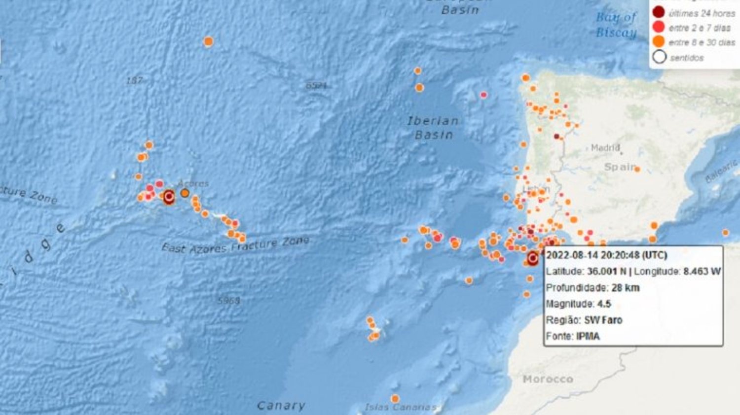 O terramoto está associado à Falha Açores-Gibraltar, entre a placa africana e a euroasiática