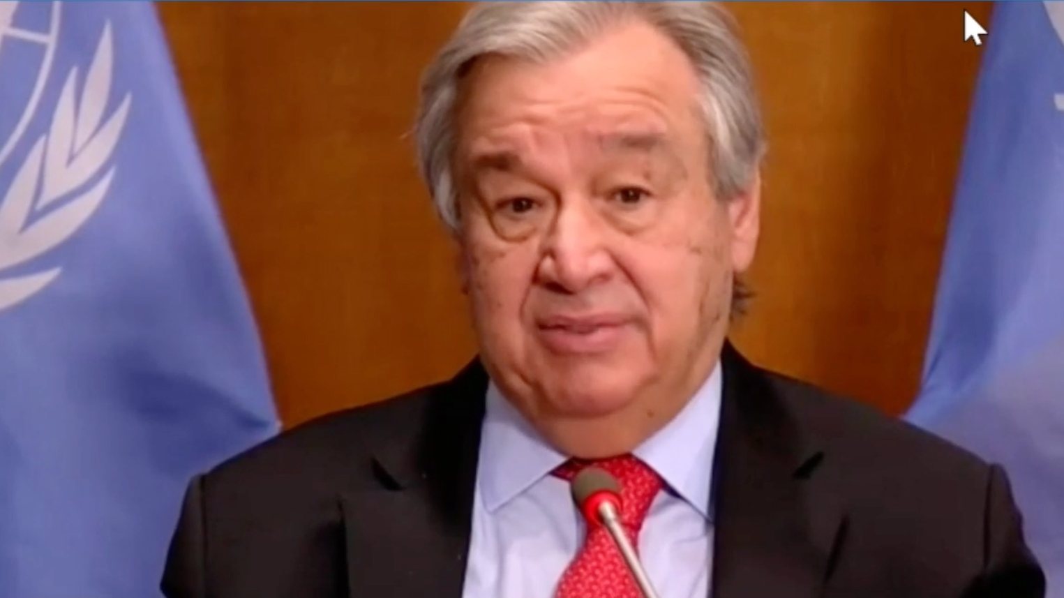 epa08964974 A still image obtained from a live video feed by the World Economic Forum (WEF) shows Secretary-General of the United Nations Antonio Guterres as he delivers Special Address during a virtual meeting of the World Economic Forum, 25 January 2021. The World Economic Forum (WEF) was scheduled to take place in Davos. Due to the Coronavirus outbreak, it will be held online in a digital format from January, 25-29.  EPA/PASCAL BITZ / WEF HANDOUT MANDATORY CREDIT / HANDOUT EDITORIAL USE ONLY/NO SALES