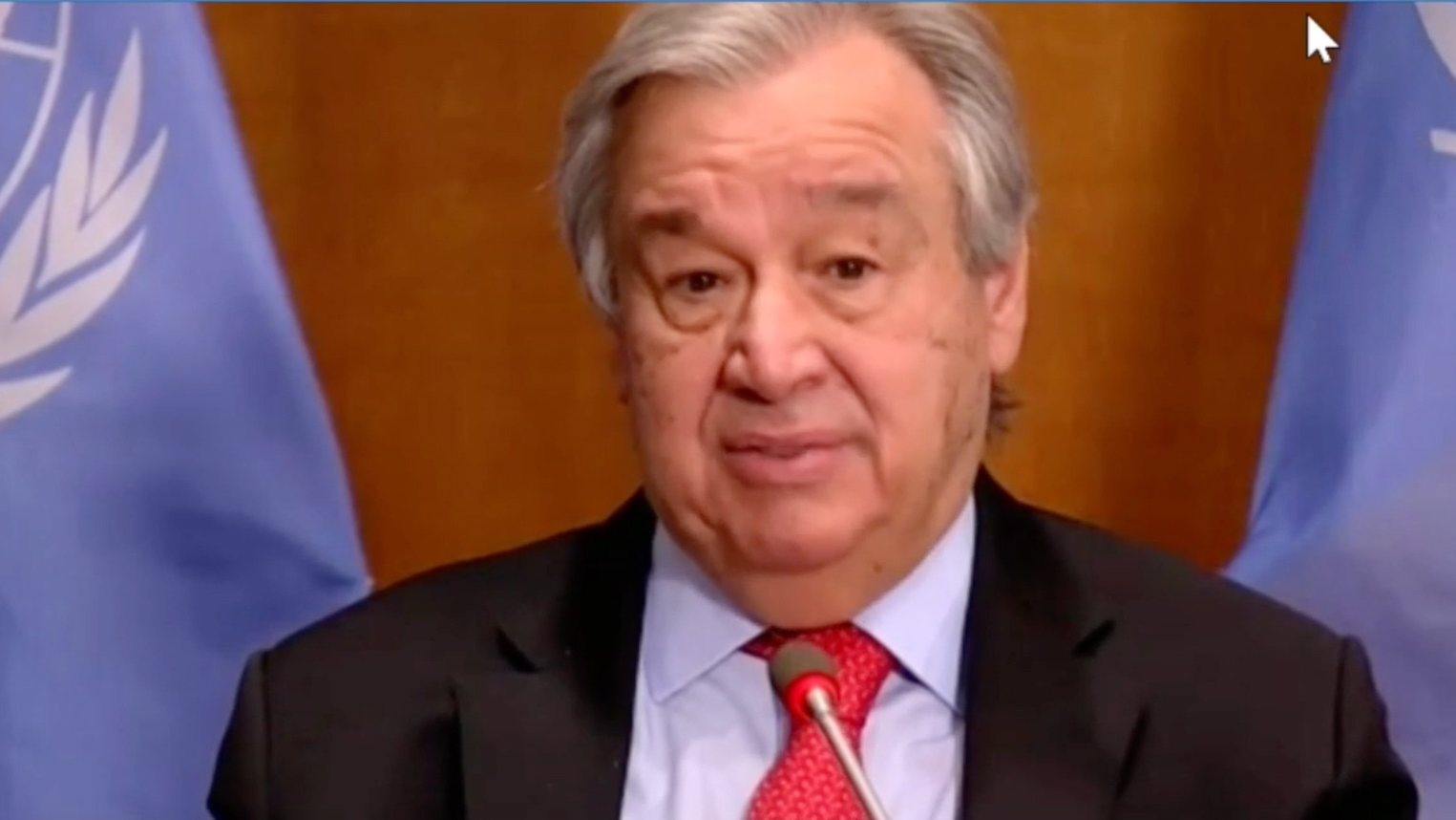 epa08964974 A still image obtained from a live video feed by the World Economic Forum (WEF) shows Secretary-General of the United Nations Antonio Guterres as he delivers Special Address during a virtual meeting of the World Economic Forum, 25 January 2021. The World Economic Forum (WEF) was scheduled to take place in Davos. Due to the Coronavirus outbreak, it will be held online in a digital format from January, 25-29.  EPA/PASCAL BITZ / WEF HANDOUT MANDATORY CREDIT / HANDOUT EDITORIAL USE ONLY/NO SALES