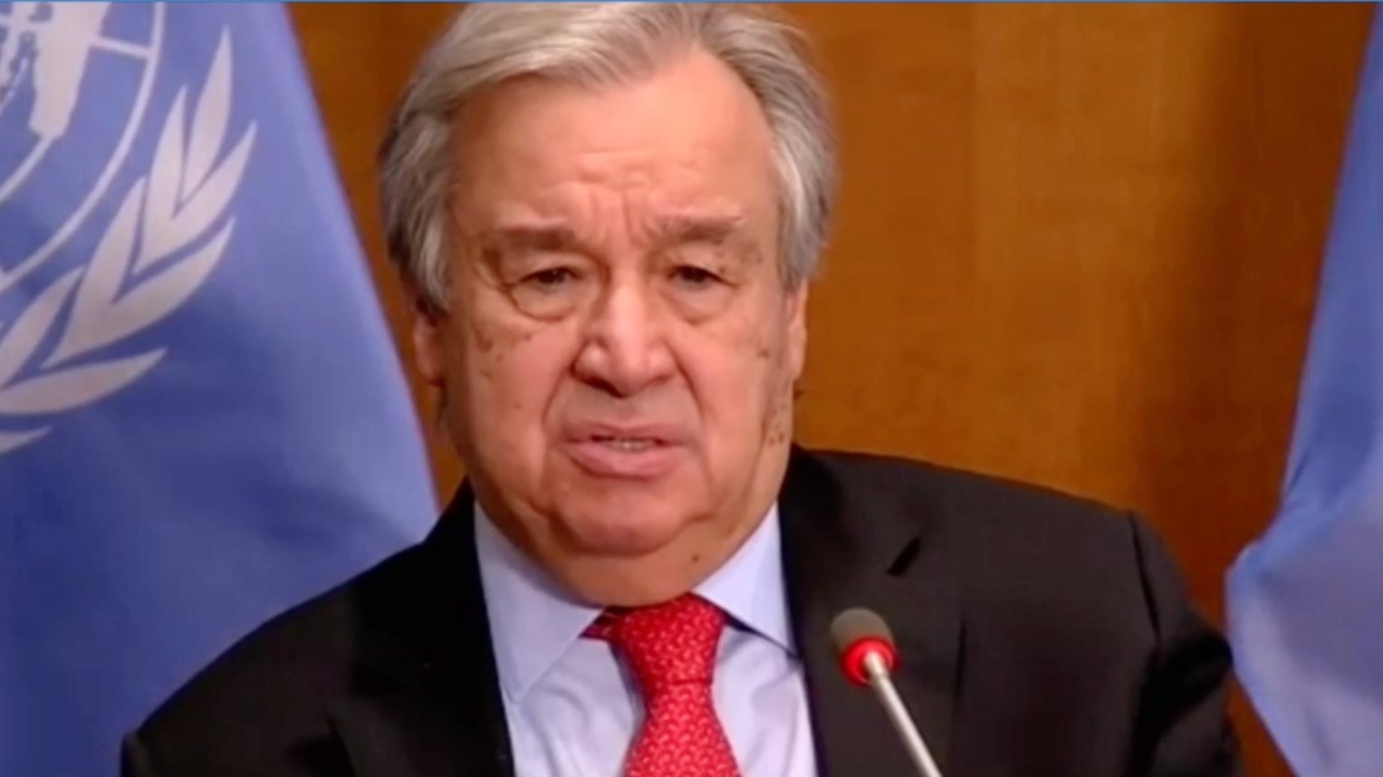 epa08964975 A still image obtained from a live video feed by the World Economic Forum (WEF) shows Secretary-General of the United Nations Antonio Guterres as he delivers Special Address during a virtual meeting of the World Economic Forum, 25 January 2021. The World Economic Forum (WEF) was scheduled to take place in Davos. Due to the Coronavirus outbreak, it will be held online in a digital format from January, 25-29.  EPA/PASCAL BITZ / WEF HANDOUT MANDATORY CREDIT / HANDOUT EDITORIAL USE ONLY/NO SALES