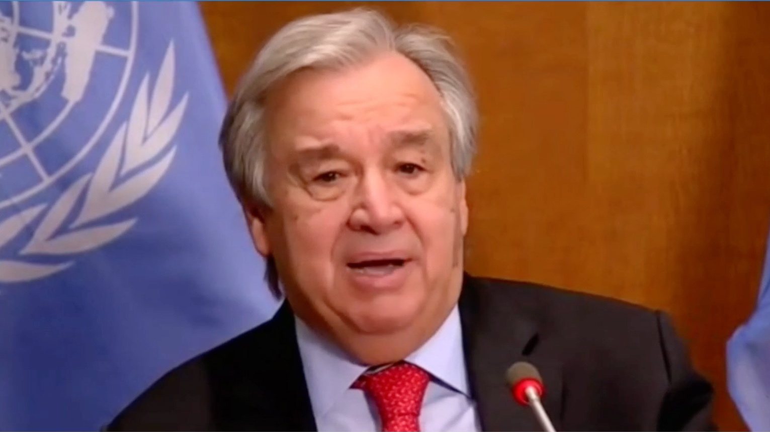 epa08964976 A still image obtained from a live video feed by the World Economic Forum (WEF) shows Secretary-General of the United Nations Antonio Guterres as he delivers Special Address during a virtual meeting of the World Economic Forum, 25 January 2021. The World Economic Forum (WEF) was scheduled to take place in Davos. Due to the Coronavirus outbreak, it will be held online in a digital format from January, 25-29.  EPA/PASCAL BITZ / WEF HANDOUT MANDATORY CREDIT / HANDOUT EDITORIAL USE ONLY/NO SALES