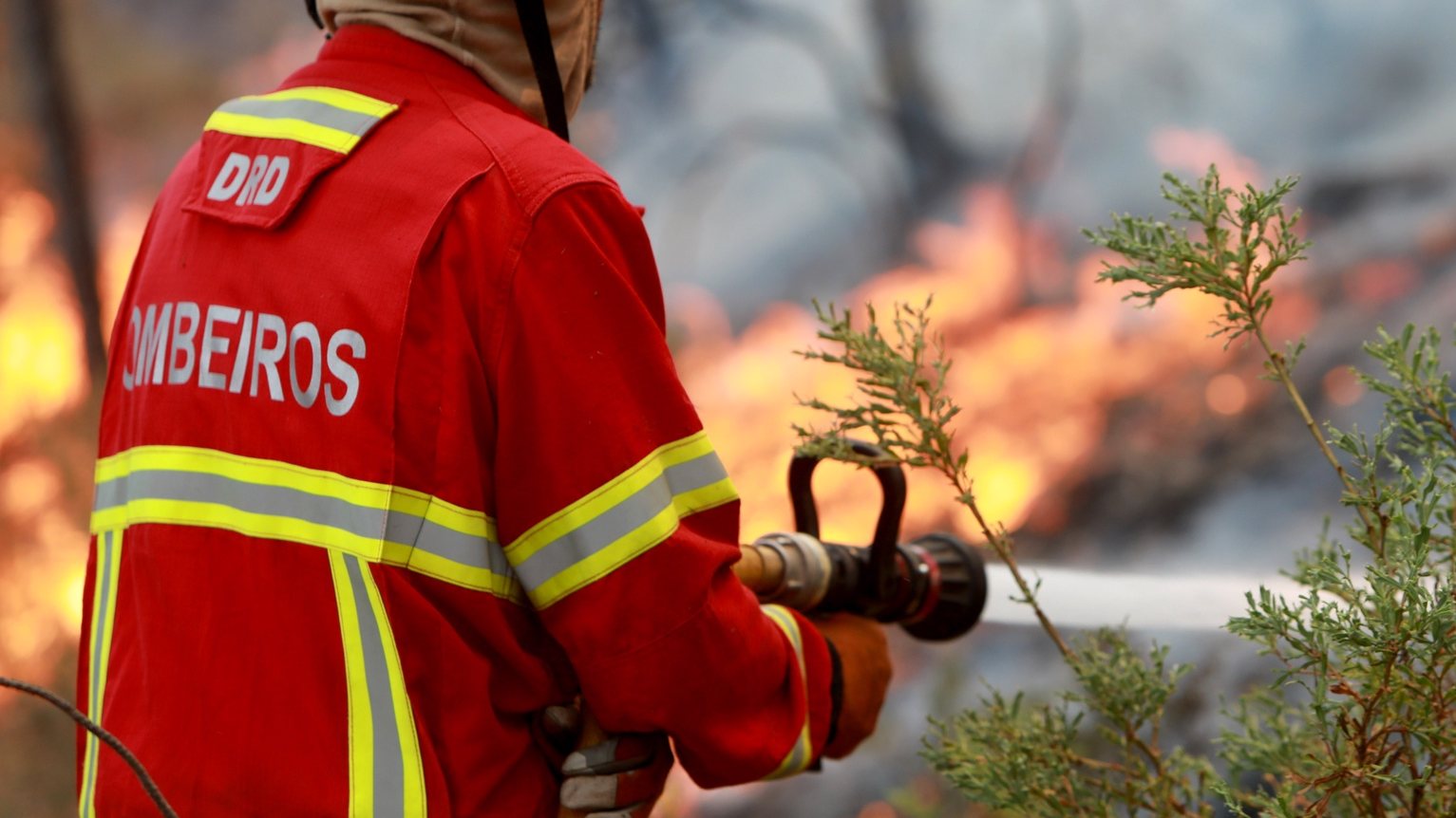 Um bombeiro combate as chamas durante um incêndio no vale glaciar de Beijames, Covilhã, 9 de agosto de 2022. Este incêndio que deflagrou no sábado na localidade de Garrocho, no concelho da Covilhã (Castelo Branco), continua ativoestá a ser combatido por mais de 580 operacionais. MIGUEL PEREIRA DA SILVA/LUSA