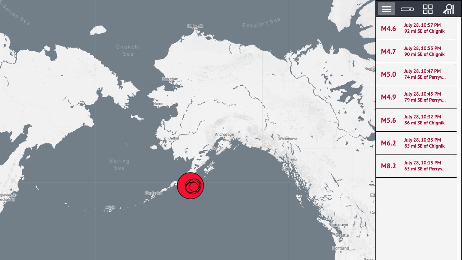 O sismo de magnitude 8,2 foi precedido por outros de menor magnitude durante o dia de quarta-feira (círculos vermelhos sobrepostos)