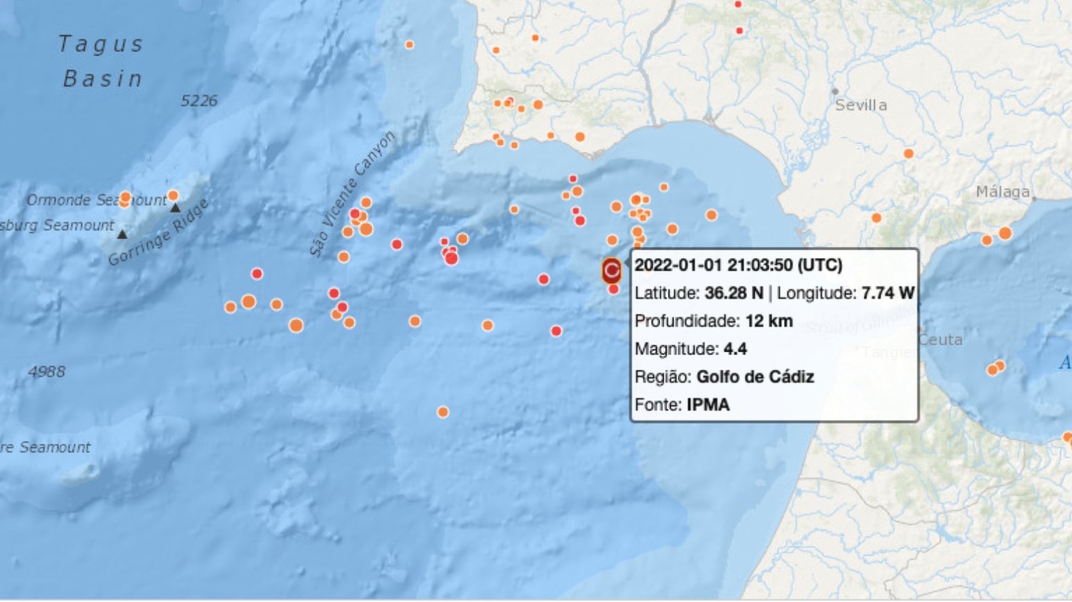 O sismo foi registado a 12 quilómetros de profundidade, no Golfo de Cádiz
