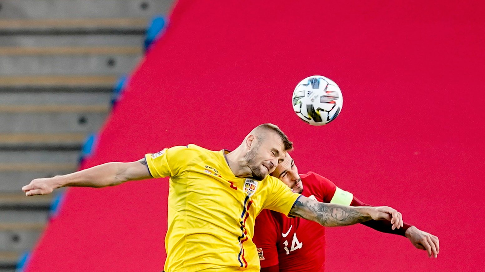 epa08736161 Norway&#039;s Omar Elabdellaoui (L) in a duel with Romania&#039;s Aleandru Cretu (R) during the UEFA Nations League soccer match between Norway and Romania at Ullevaal Stadium, Oslo, norway, 11 October 2020.  EPA/Stian Lysberg Solum  NORWAY OUT