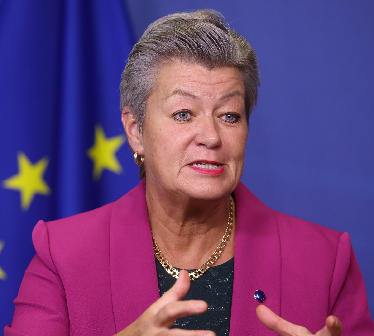 epa10889595 European Commissioner for Home Affairs, Ylva Johansson speaks during a press briefing with Colombian Minister of National Defence following an EU-Colombia Dialogue on Drugs in Brussels, Belgium, 29 September 2023.  EPA/OLIVIER HOSLET