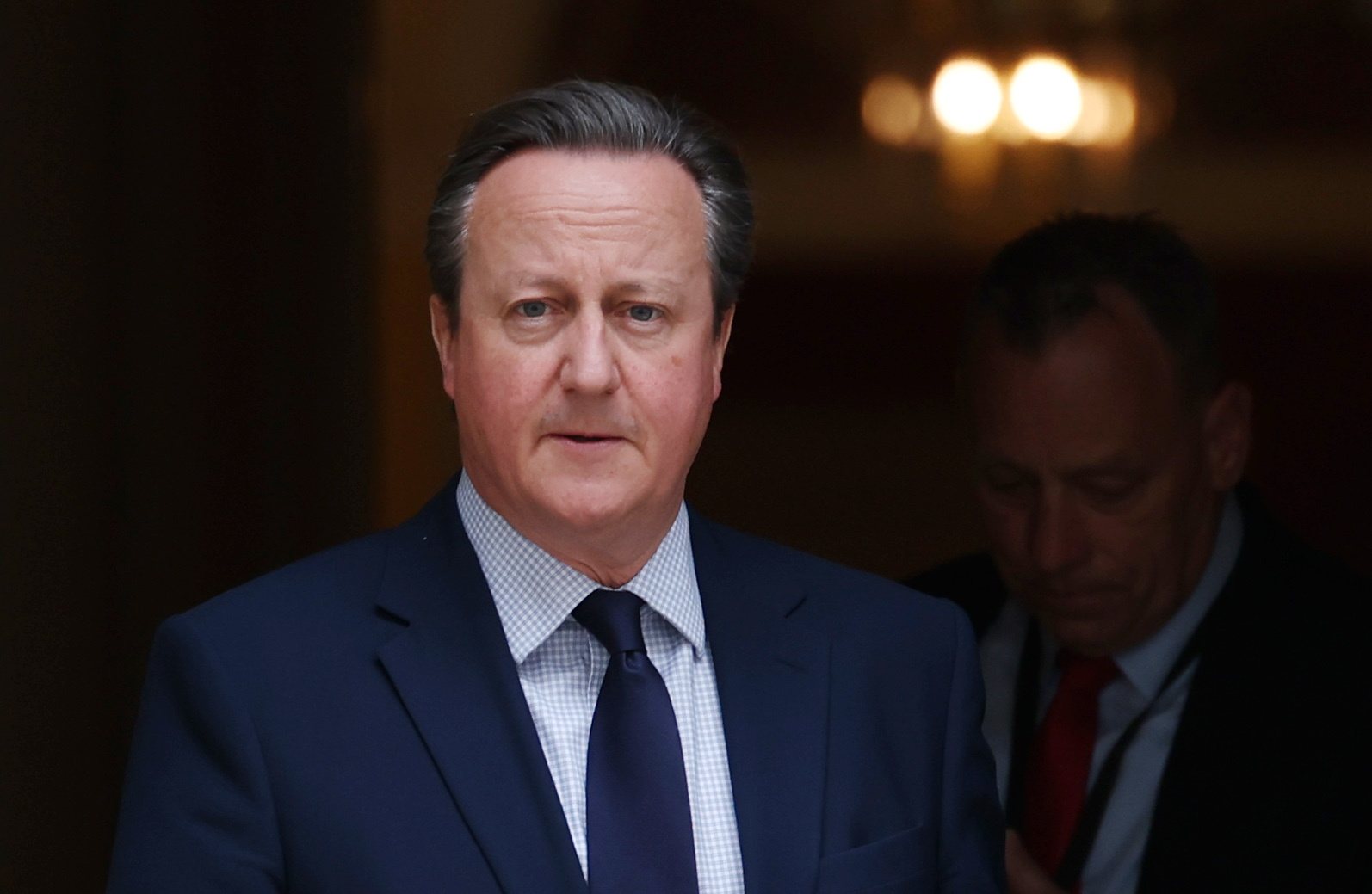 epa11281783 British Foreign Secretary David Cameron departs 10 Downing Street following a Cabinet meeting in London, Britain, 16 April 2024.  EPA/ANDY RAIN