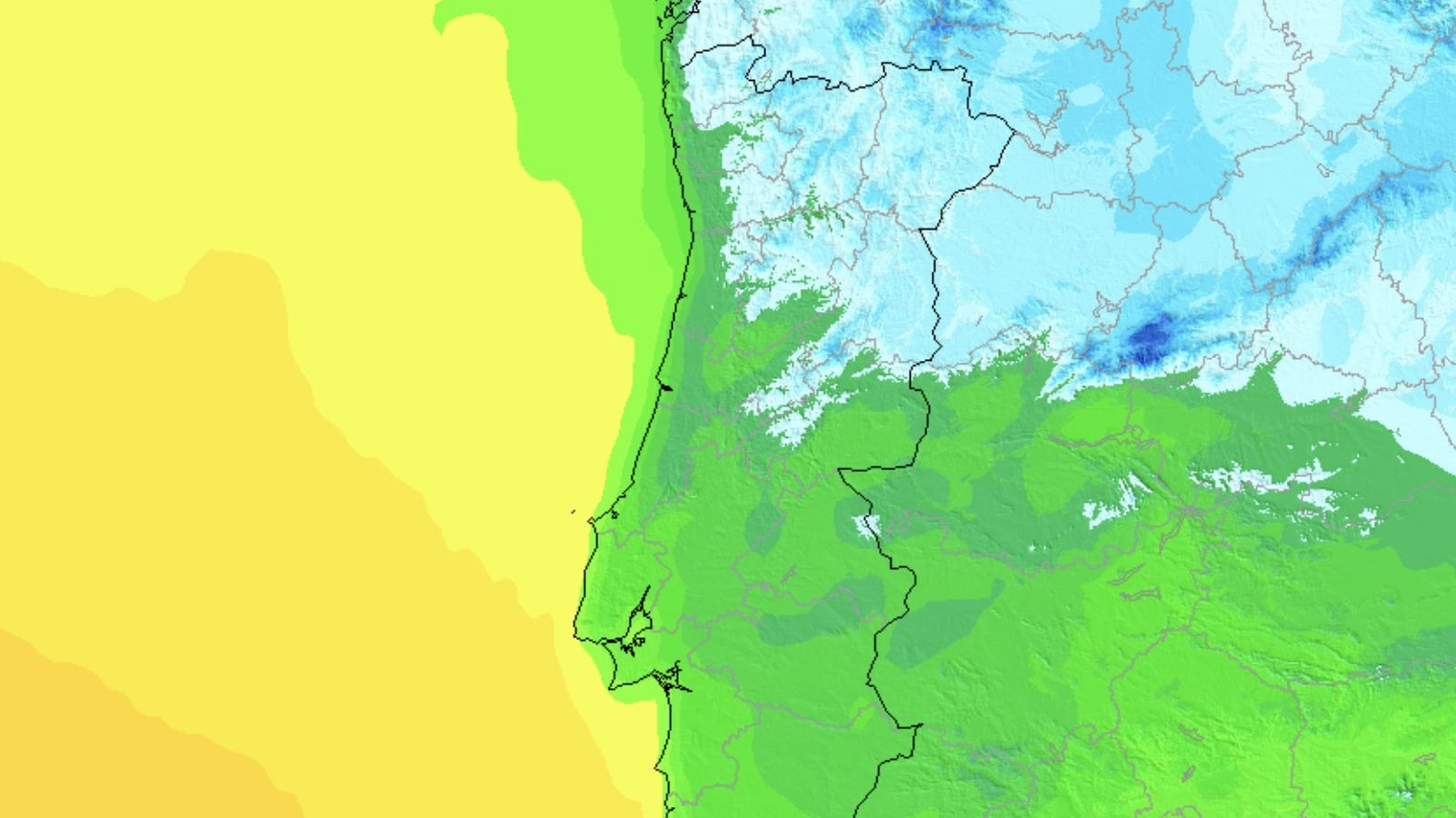 Previsões mostram massa gelada (zona azul, no mapa) a atingir Portugal na quinta-feira