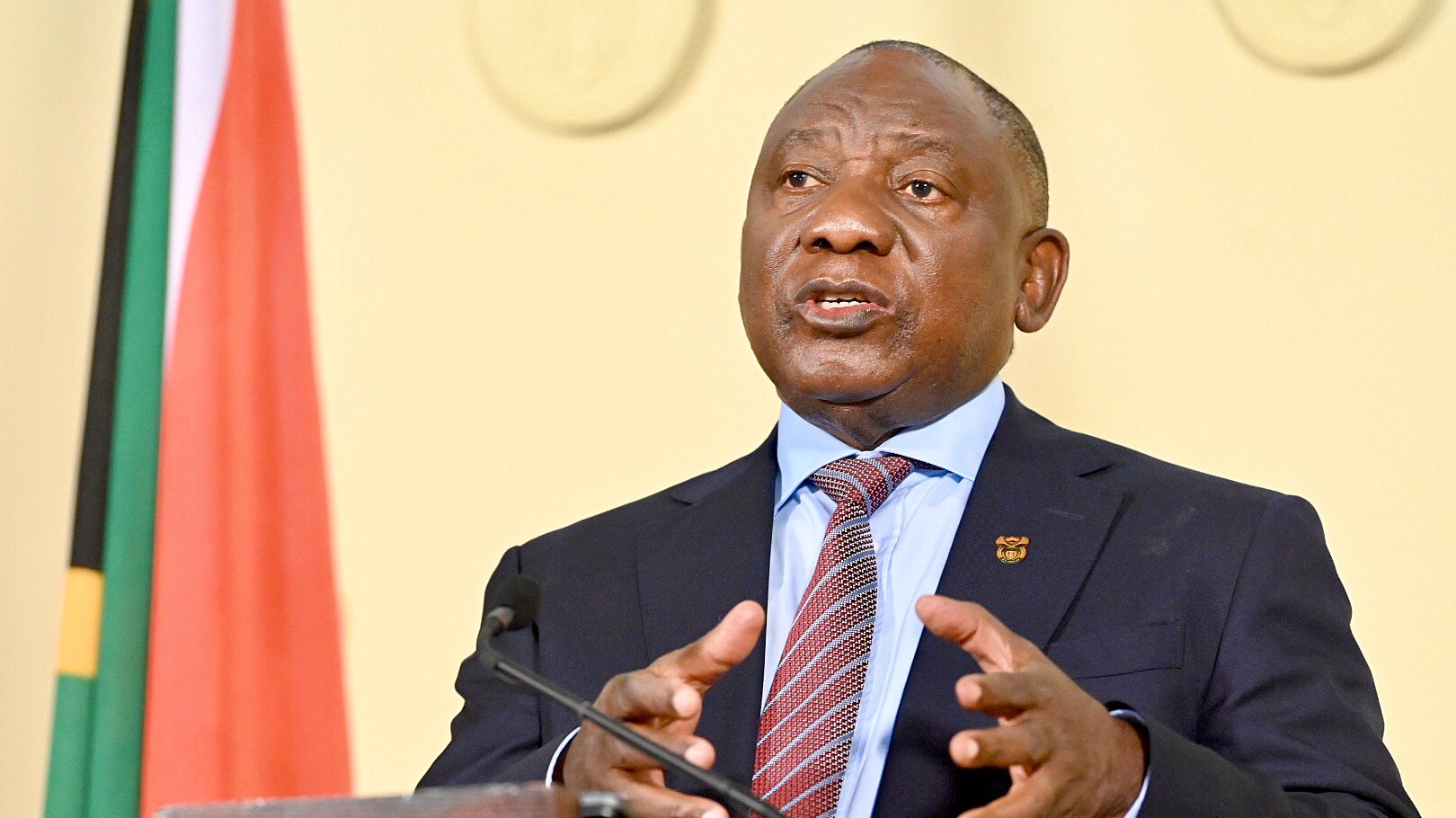 epa09306459 A handout photo made available by the South African Government Communications and Information Systems (GCIS) shows President Cyril Ramaphosa announcing new restrictions in an attempt to slow a third wave of Covid-19 across the country, in Pretoria, South Africa, 27 June 2021. South African President Ramaphosa announced the country will move to adjusted alert level 4 with travel in and out of the epicenter Gauteng Province restricted as the country struggles to contain a third wave with a rapidly spreading Delta variant of the Sars-Cov-2 coronavirus that causes the Covid-19 disease.  EPA/Elmond Jiyane/GCIS/ HANDOUT  HANDOUT EDITORIAL USE ONLY/NO SALES