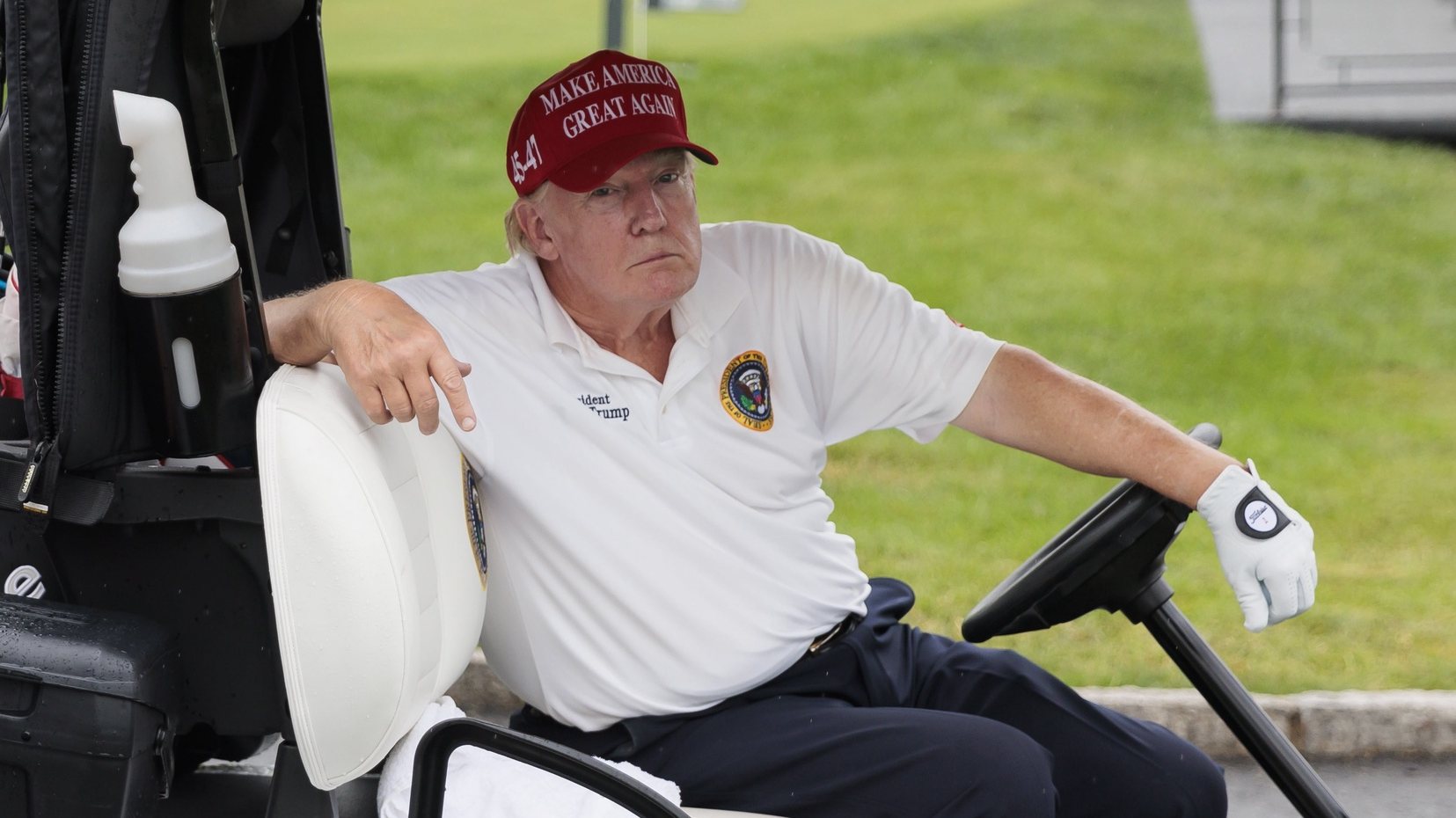 epaselect epa10793624 Former US President Donald J. Trump participates in a Pro-Am tournament leading up to the upcoming LIVGolf tournament at Trump National Golf Club Bedminster in Bedminster, New Jersey, USA, 10 August 2023. Trump on 10 August virtually pleaded not guilty to additional criminal charges in the case against him for allegedly illegally keeping secret national security documents after leaving office.  EPA/JUSTIN LANE