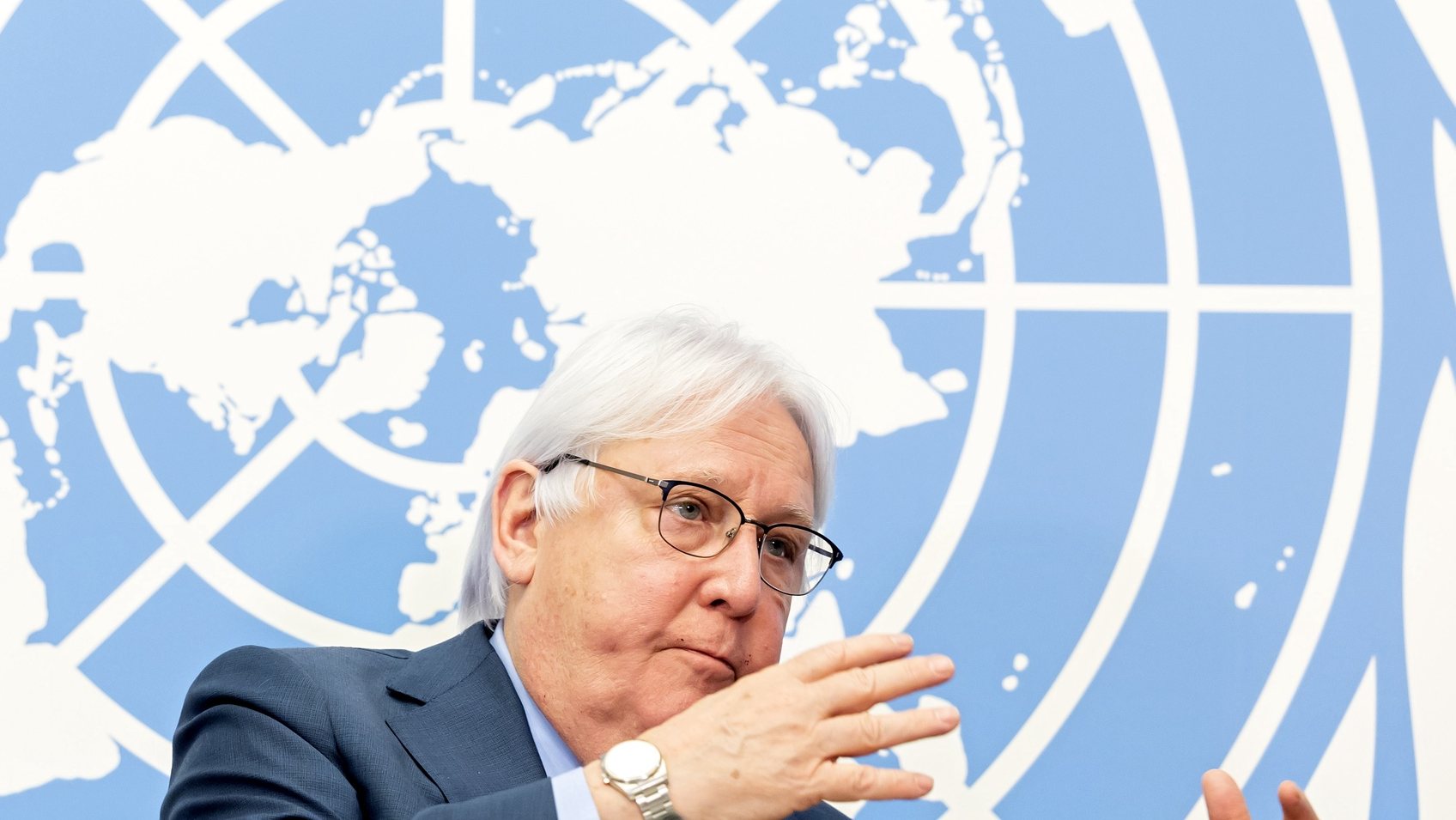 epa09793897 Martin Griffiths, Under-Secretary-General for Humanitarian Affairs and Emergency Relief Coordinator, launches of the humanitarian appeal in support of the people of Ukraine during a press conference, at the European headquarters of the United Nations in Geneva, Switzerland, 01 March 2022.  EPA/SALVATORE DI NOLFI