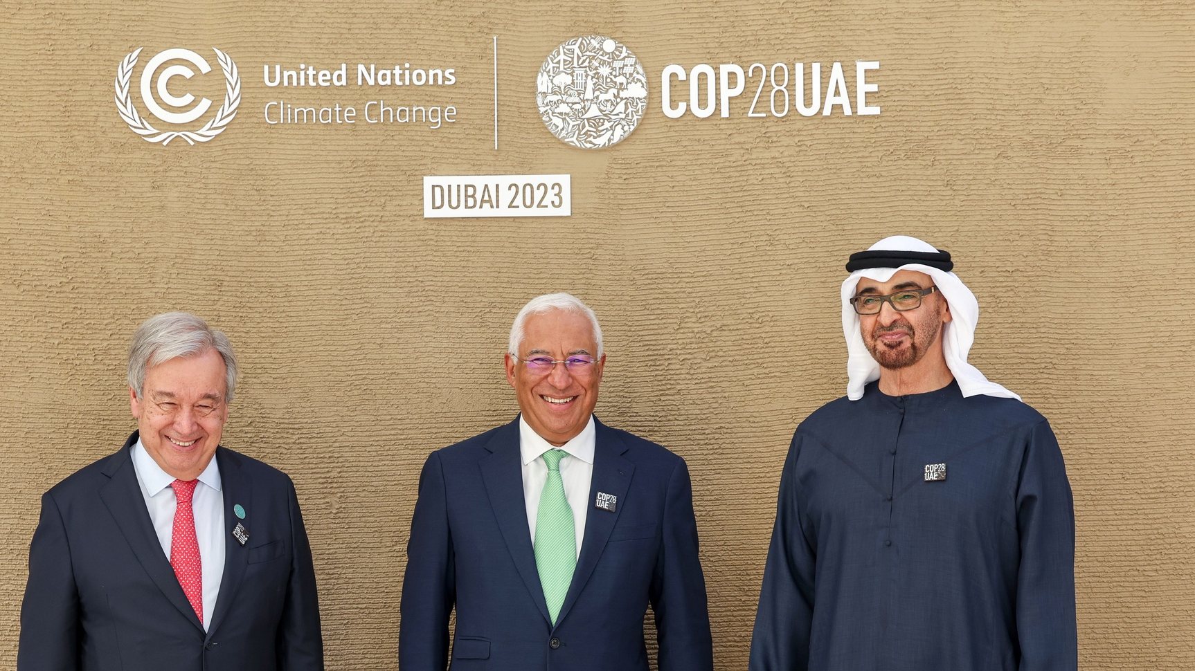 epa11005455 A handout photo made available by the UN Press Office shows (L-R) United Nations Secretary-General Antonio Guterres,  Portuguese Prime Minister Antonio Costa and Mohamed bin Zayed Al Nahyan, President of the United Arab Emirates and ruler of Abu Dhabi, posing for a photo during the UN Climate Change Conference COP28, in Dubai, United Arab Emirates, 01 December 2023. The 2023 United Nations Climate Change Conference (COP28), runs from 30 November to 12 December, and is expected to host one of the largest number of participants in the annual global climate conference as over 70,000 estimated attendees, including the member states of the UN Framework Convention on Climate Change (UNFCCC), business leaders, young people, climate scientists, Indigenous Peoples and other relevant stakeholders will attend.  EPA/MAHMOUD KHALED/ UN PRESS OFFICE / HANDOUT  HANDOUT EDITORIAL USE ONLY/NO SALES HANDOUT EDITORIAL USE ONLY/NO SALES
