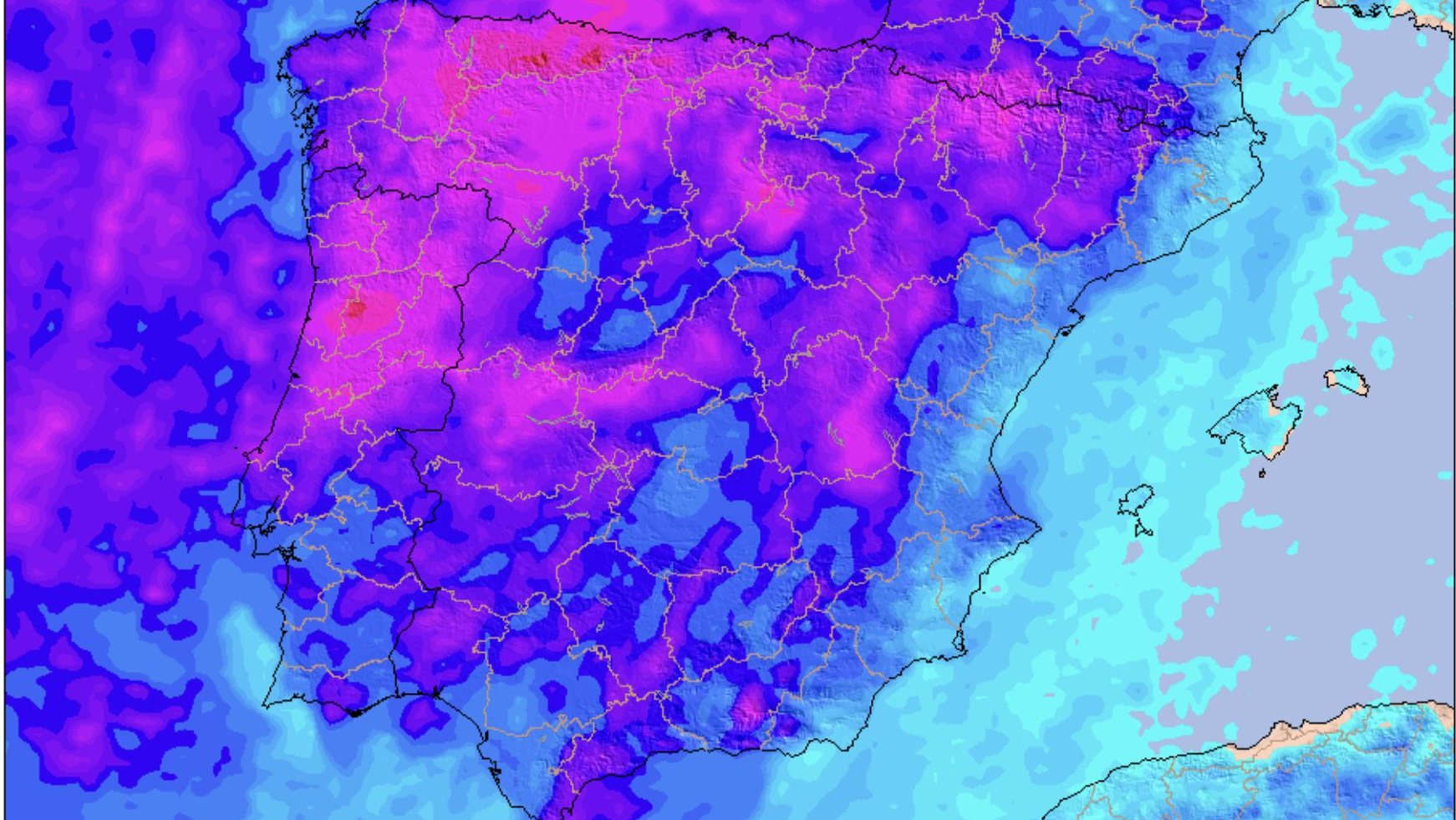 As zonas mais rosa são as de maior acumulação de chuva no sábado