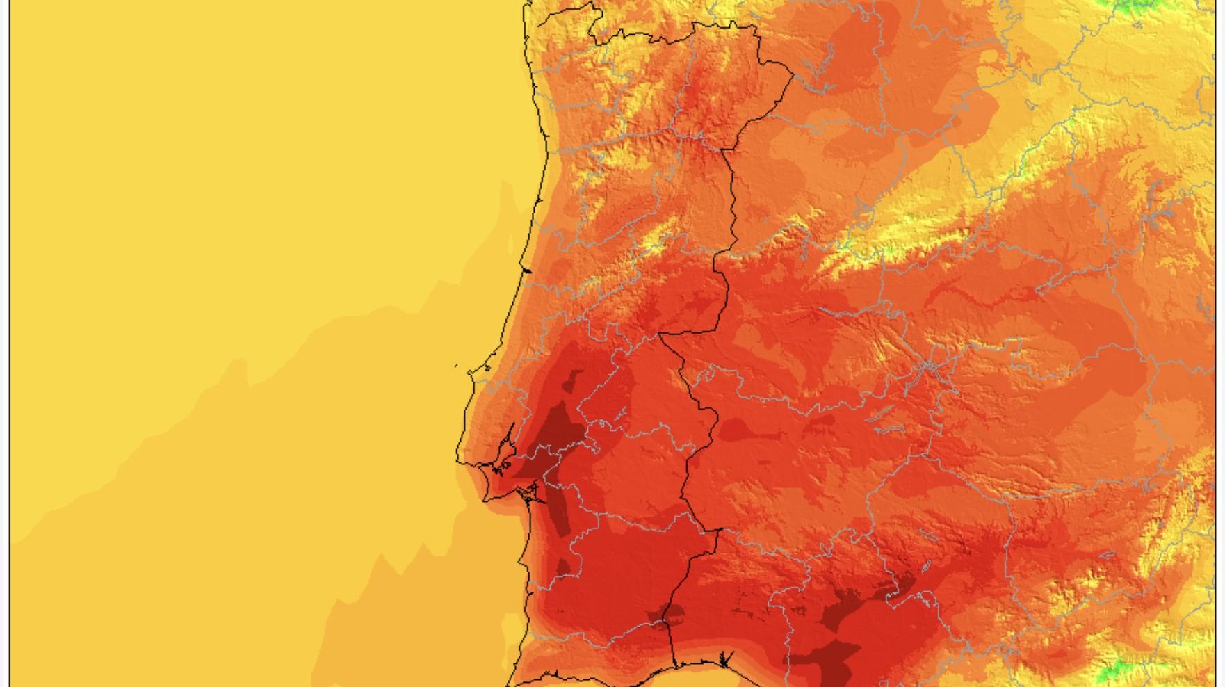 o calor para este domingo, com zonas com mais de 33ºC (o vermelho mais escuro)