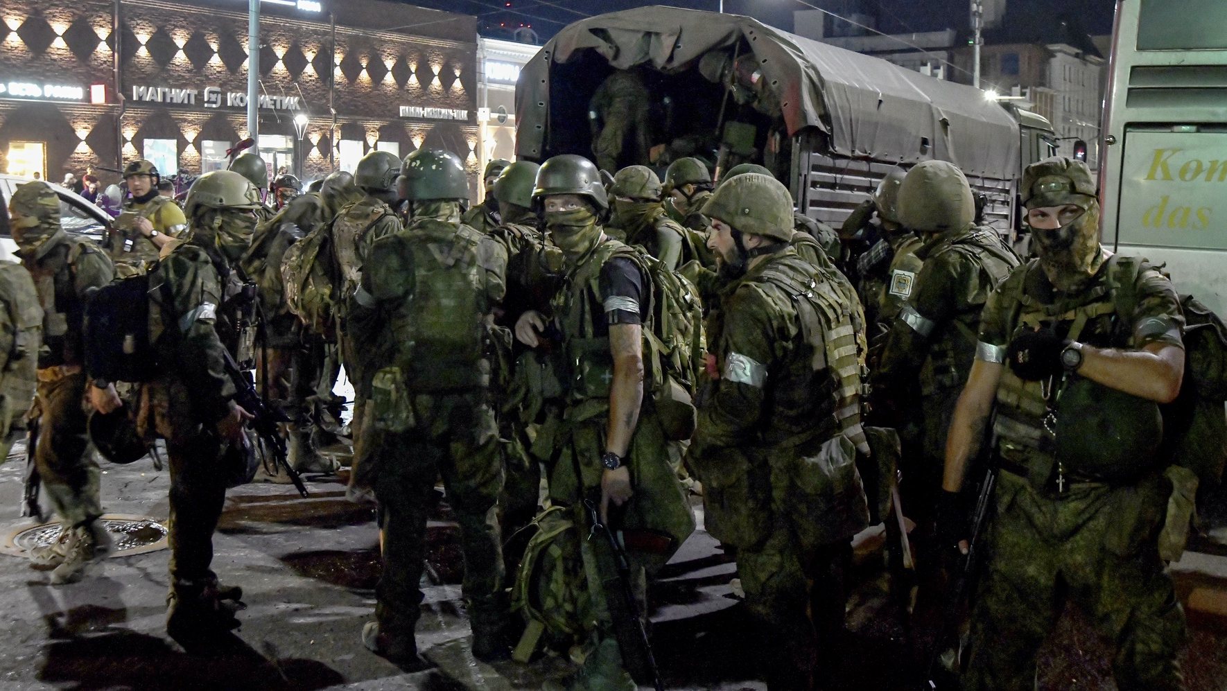 epa10710225 Private military company (PMC) Wagner Group servicemen prepare to leave downtown Rostov-on-Don, southern Russia, 24 June 2023. Security and armoured vehicles were deployed after the Chief of the private military company (PMC) Wagner Group said in a video that his troops had occupied the building of the headquarters of the Southern Military District, demanding a meeting with Russia&#039;s defense chiefs. The President of Belarus held talks with the head of the Wagner group, as a result of which he accepted a proposal to stop the movement of the group&#039;s fighters across Russia, the press service of the President of Belarus reported. The Chief of Wagner Group has said that columns of his group will return to field camps.  EPA/ARKADY BUDNITSKY