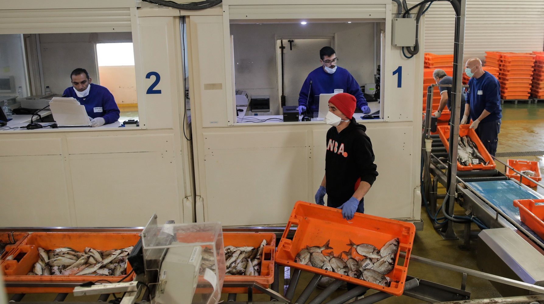Funcionários da docapesca preparam o peixe para venda na lota de Peniche, 20 de março de 2020. O encerramento de estabelecimentos de restauração leva à queda do preço do pescado grosso e pode levar algumas embarcações a ir ao mar pescar com menos frequência, pelo perigo de contágio do coronavirus Covid -19. PAULO CUNHA /LUSA