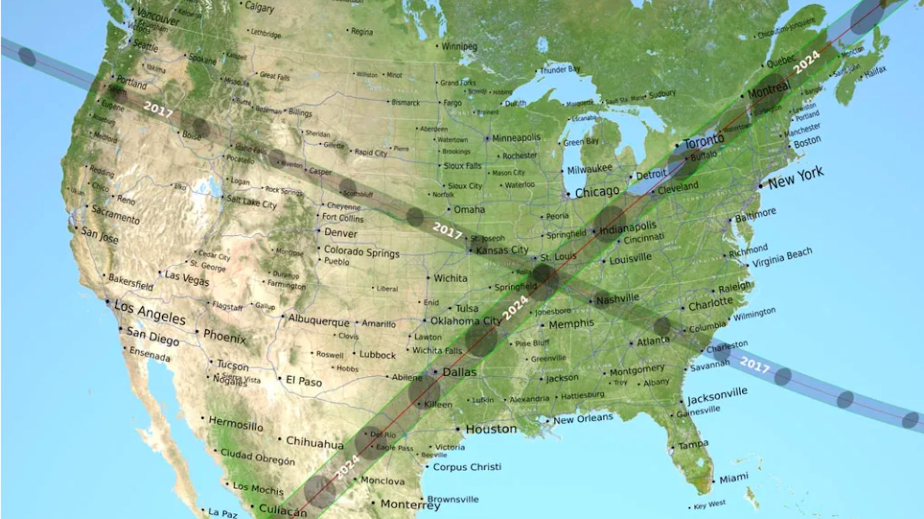O mapa da NASA mostra as diferenças entre o percurso do eclipse solar total de 2017 e o de 2024