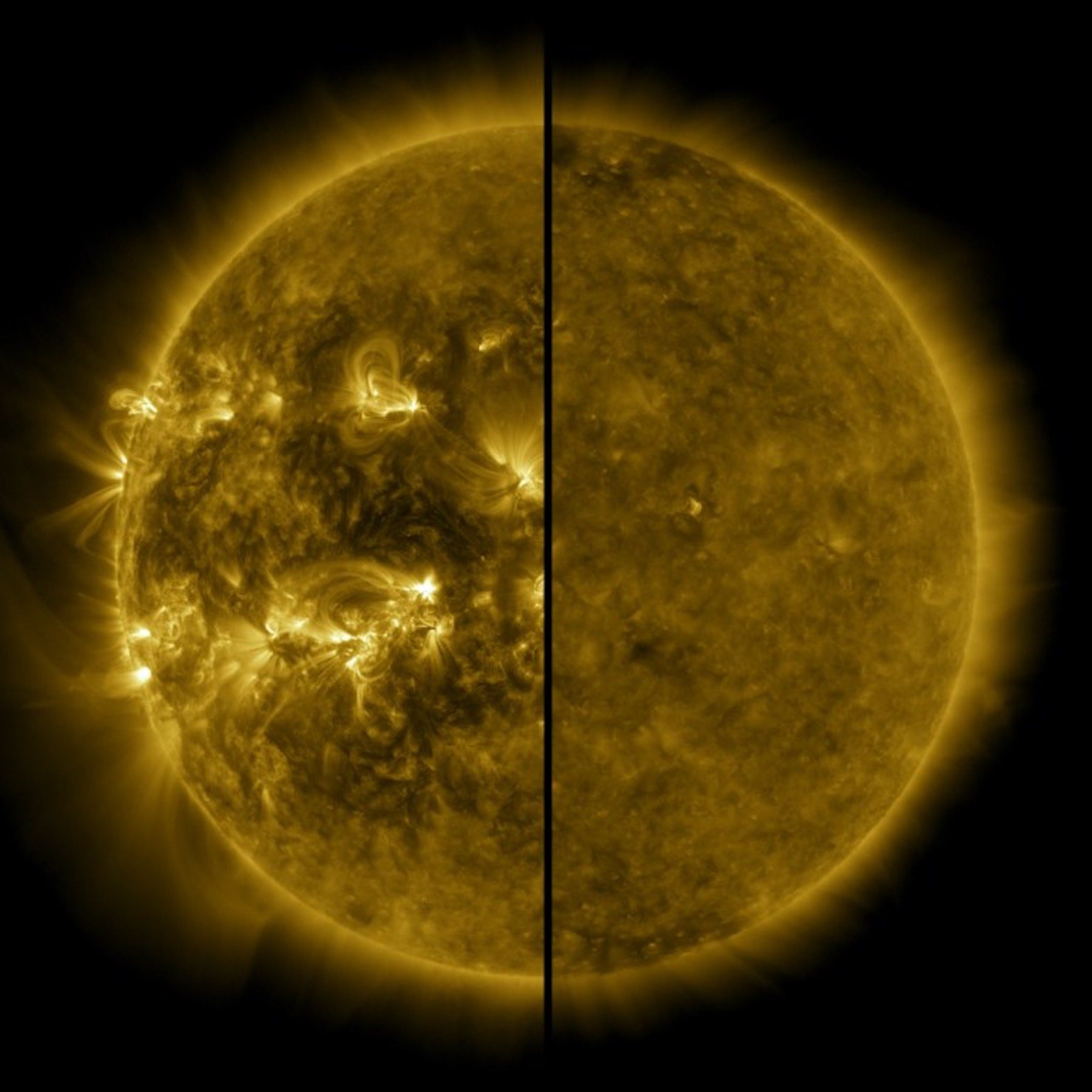 Imagem da NASA. Diferença do sol durante um máximo solar (esquerda) e um mínimo solar (direita)