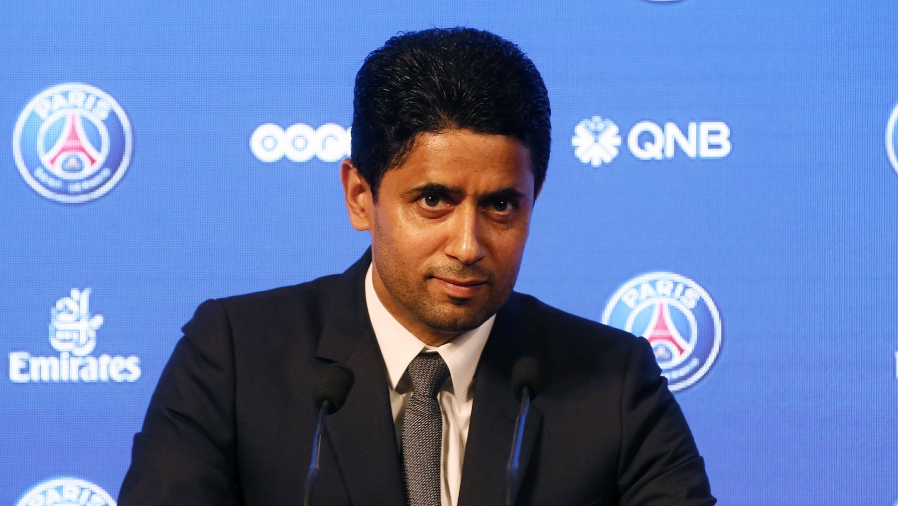 epa07596195 (FILE) - PSG president Nasser Al-Khelaifi attends a press conference during the presentation of new Paris Saint Germain player Kylian Mbappe (unseen) in Paris, France, 06 September 2017 (reissued 24 May 2019). Nasser Al-Khelaifi is under investigation in France for alleged bribery in Doha&#039;s bid to host the IAAF Athletics World Championship it was confirmed 23 May 2019.  EPA/ETIENNE LAURENT *** Local Caption *** 53750817